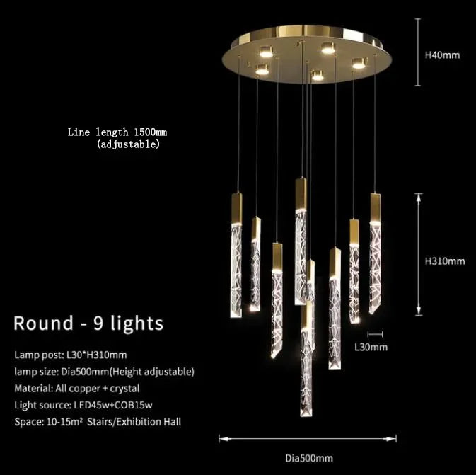 DecorBites™ ثريا ذهبية كريستال LED لغرفة المعيشة الحديثة في الدور العلوي/السلالم