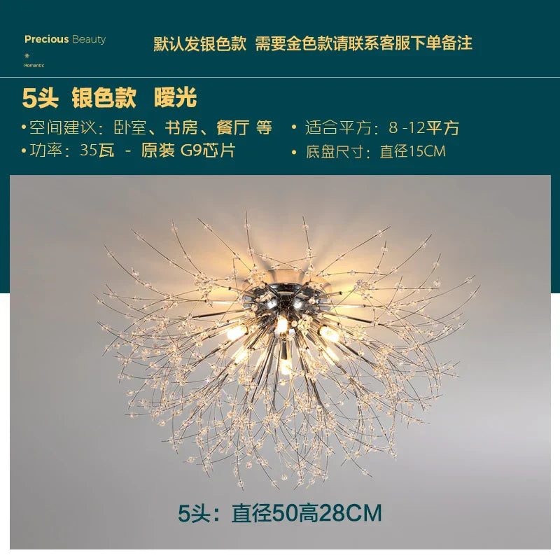 ثريا كريستال جولدن داندلايون من DecorBites™: مصباح سقف نورديك دافئ بتقنية LED لغرفة المعيشة الرومانسية.