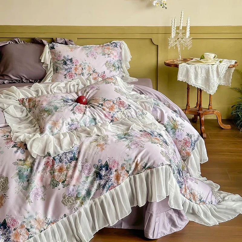 DecorBites™ French Flowers Lace Ruffles Princess Bedding Set with 1000TC Egyptian Cotton