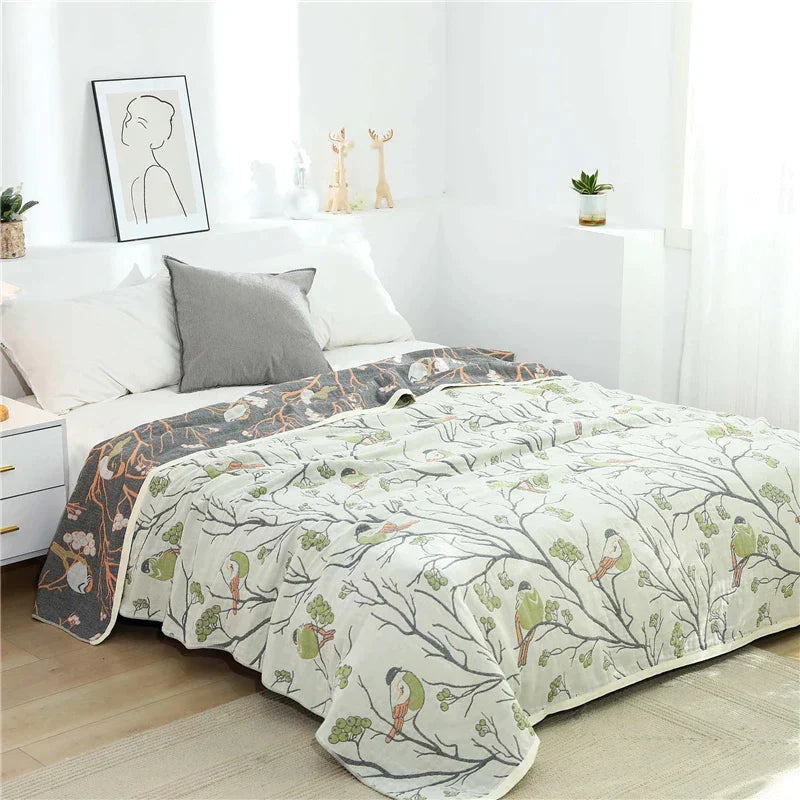 غطاء سرير مفرد ياباني من القطن DecorBites™ مع غطاء وسادة - تصميم طيور وزهور
