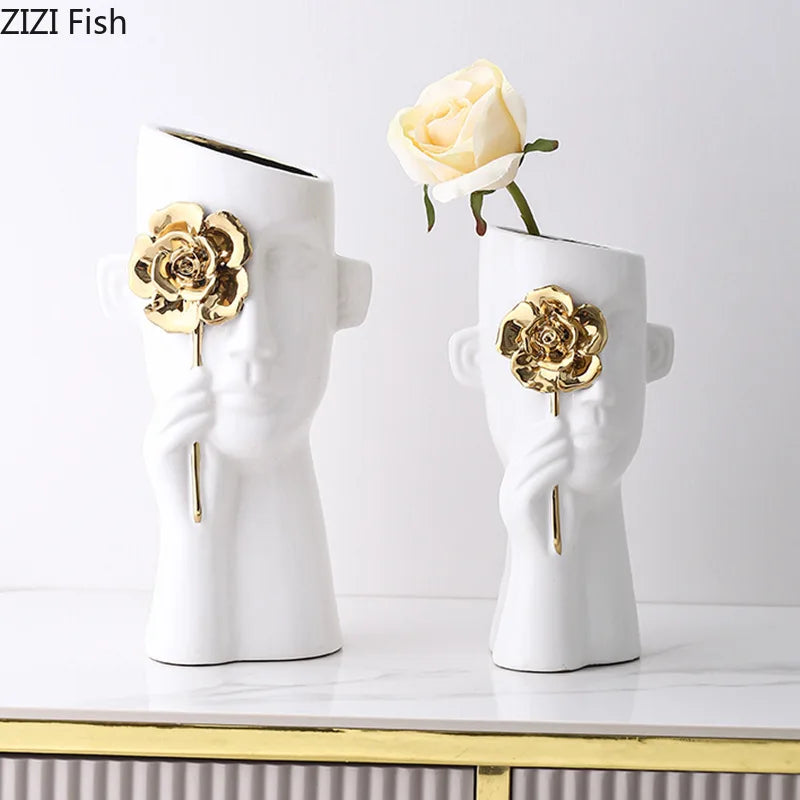 DecorBites™ Gold Rose Relief Ceramic Vase, Elegant Desk Floral Vase for Room Decor