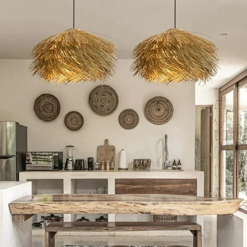 Handwoven Wicker Pendant Light in Natural Straw Shade