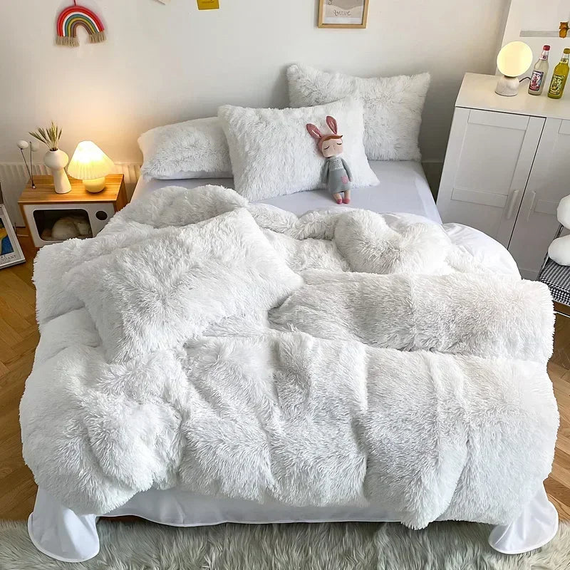 DecorBites™ Fluffy Faux Fur Bedding Set: Duvet Cover, Sheet, Pillowcase - Soft & Warm