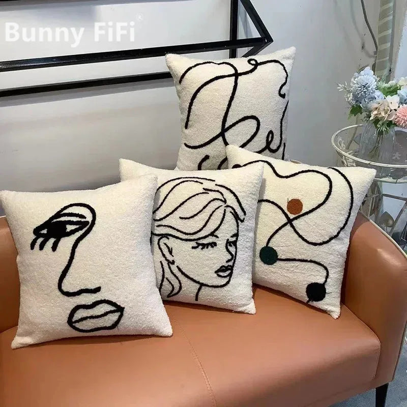 DecorBites™ غطاء وسادة من صوف الحمل مقاس 45x45، بيج أبيض، غطاء وسادة بتصميم فن تجريدي