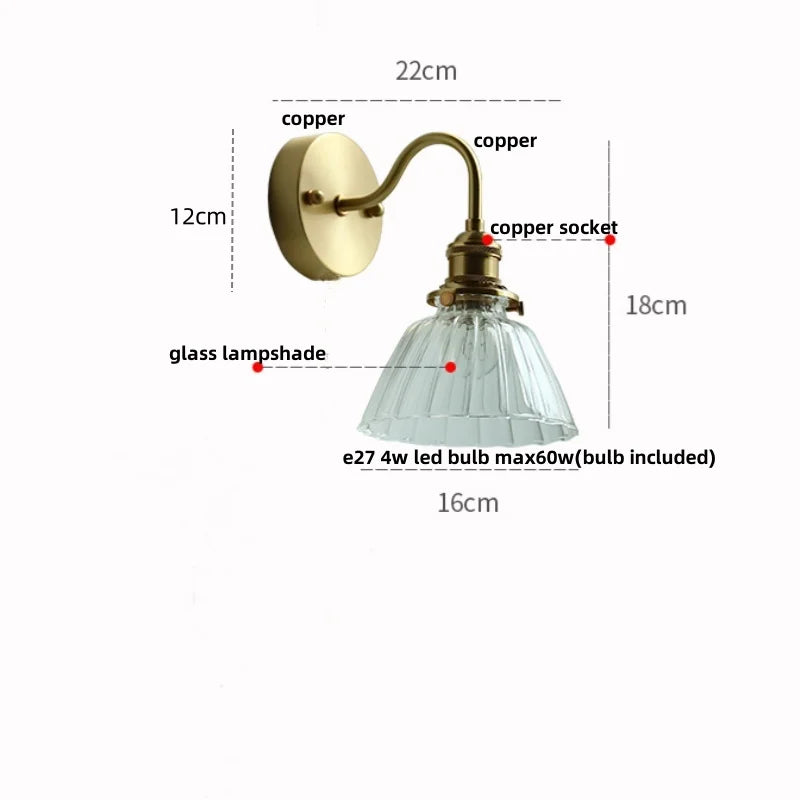 DecorBites™ Clear Glass LED Wall Sconce Pull Chain Switch Modern Copper Bedside Lamp