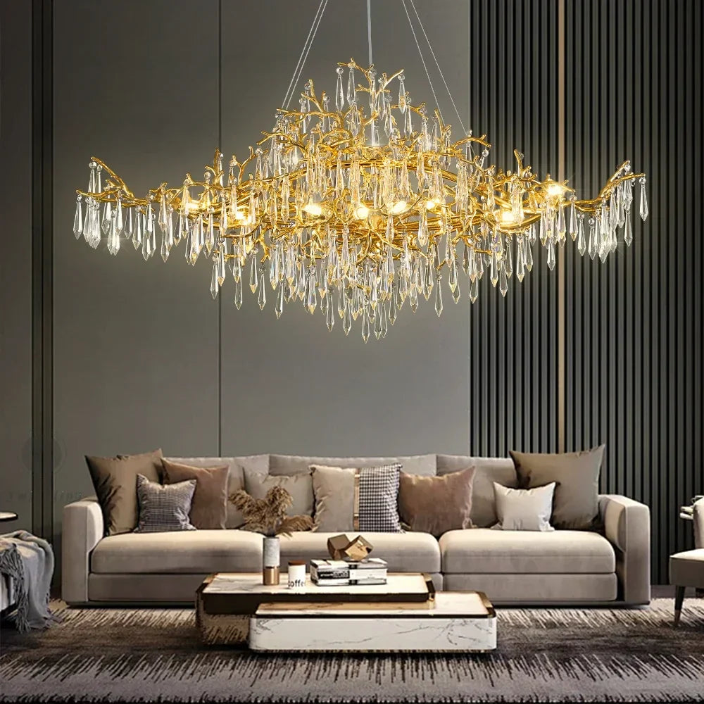 DecorBites™ ثريا كريستالية ذهبية - إضاءة طويلة عصرية فاخرة للمطبخ وغرفة الطعام والمعيشة وغرفة النوم