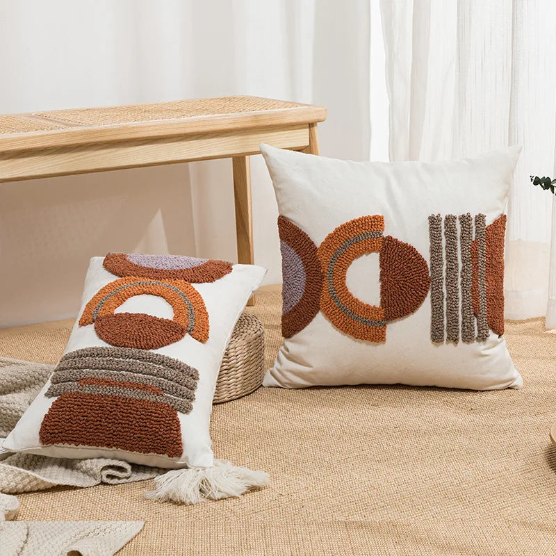 Housse de coussin DecorBites™ demi-cercle en toile de coton tuftée brodée - Moderne et élégante
