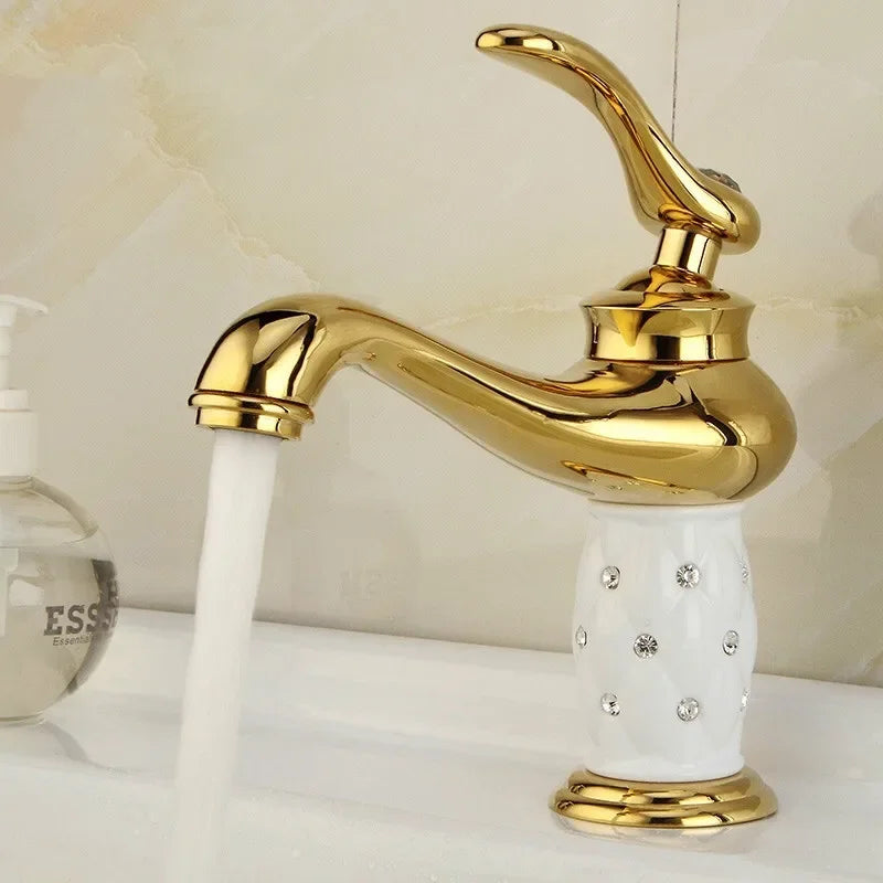 خلاط حوض ذهبي نحاسي من DecorBites™ مرصع بالماس، حنفية بمقبض واحد للمياه الساخنة والباردة