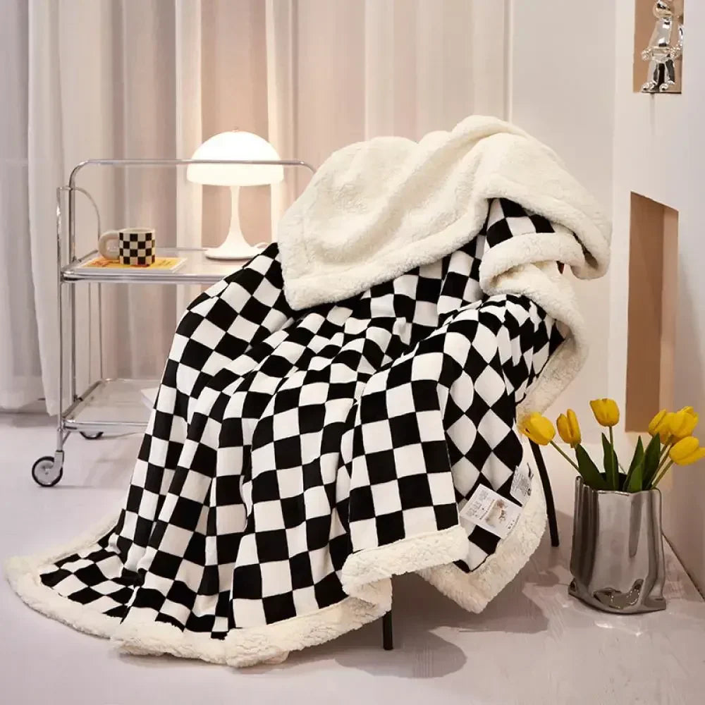 2024 DecorBites™ Checkerboard Lamb Fleece Blanket Cover - Premium Printed Blanket Series