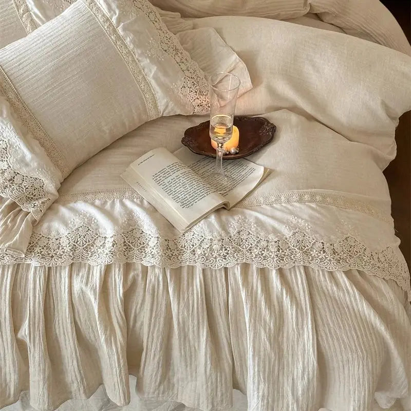 DecorBites™ French Lace Ruffle Embroidery Bedding Set with Natural Health Skin Fabric