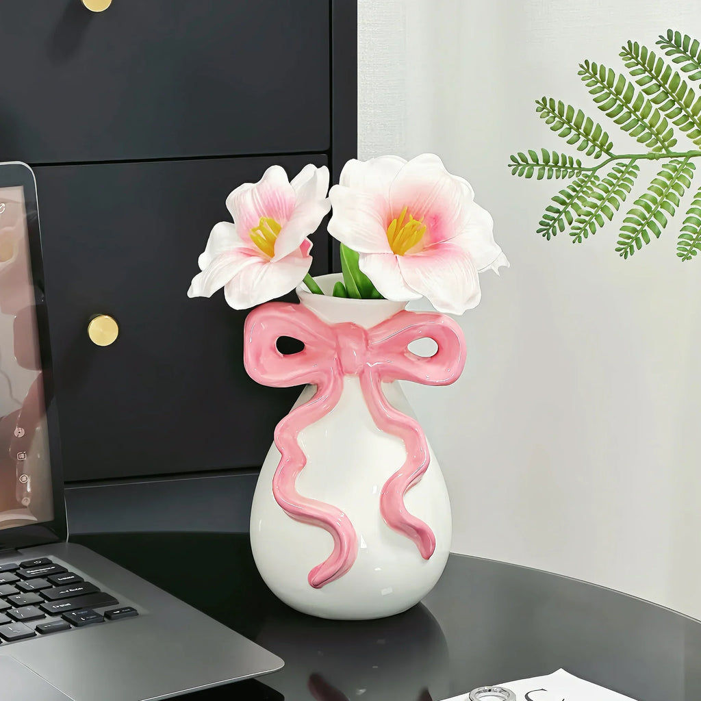 DecorBites™ 3D Ribbon Ceramic Vase with Cute Bow - Home Floral Decoration