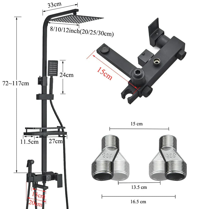 DecorBites™ Black Brass Shower Faucet Set with Rotatable Tub Spout and Rain Shower Column