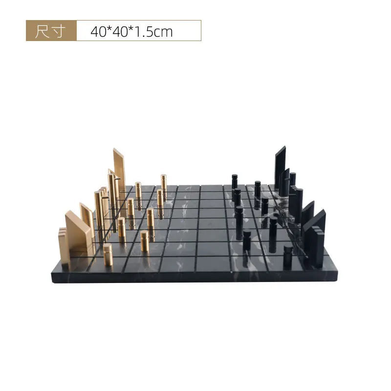 DecorBites™ Golden Metal Marble Chessboard: Geometric Square Check King Game Decor Figurines