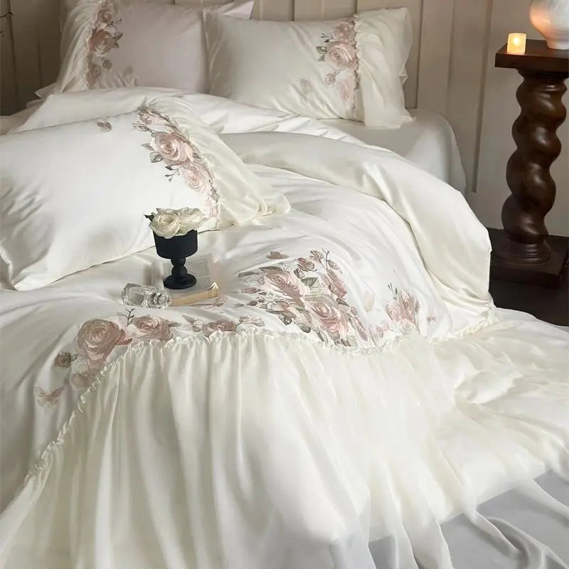 DecorBites™ Luxe Lace Ruffles Wedding Bedding Set Flowers Embroidery Duvet Sheet Pillowcase