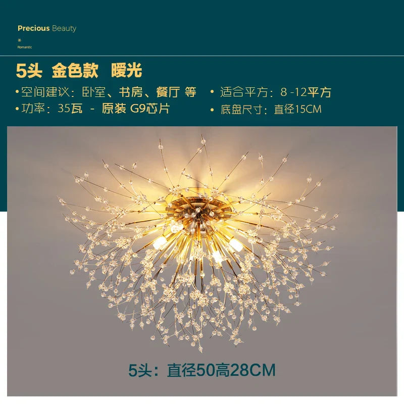 ثريا كريستال جولدن داندلايون من DecorBites™: مصباح سقف نورديك دافئ بتقنية LED لغرفة المعيشة الرومانسية.