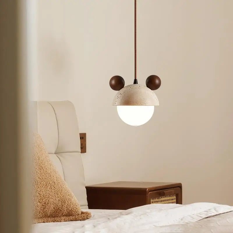 DecorBites™ Cream Glass LED Pendant Lights Modern Wood Yellow Travertine Pendant Lamp