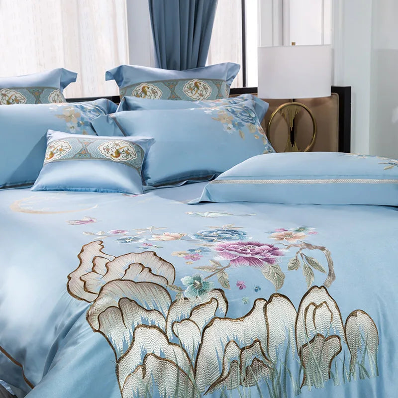 DecorBites™ 200S Cotton Embroidery Bedding Set - Queen King Linens - Duvet Cover Sheets