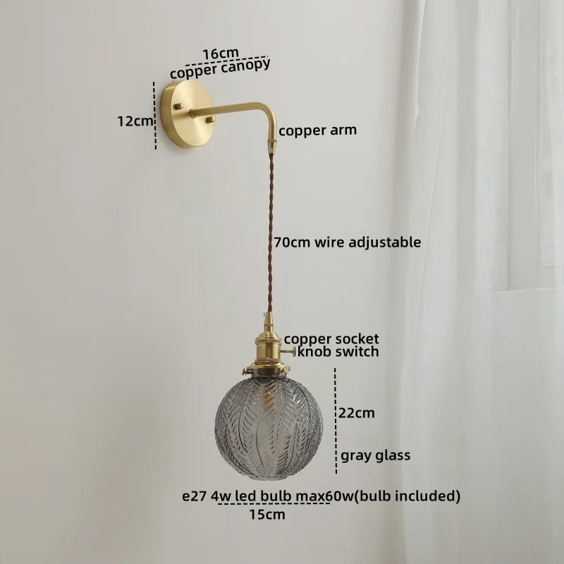 DecorBites™ Glass Copper LED Wall Lights with Knob Switch, Modern Bedside Lamp