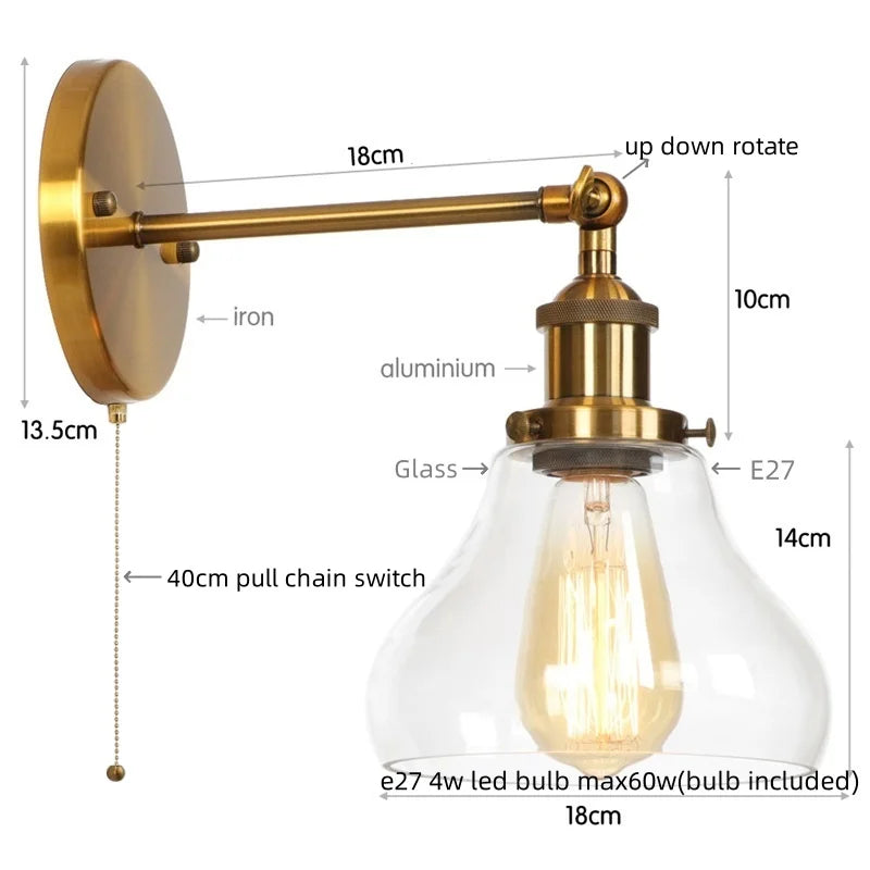 DecorBites™ Black Iron LED Wall Lights Industrial Pull Chain Switch Bedroom Dining Room Loft