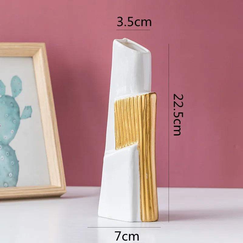 DecorBites™ Geometric Gold Striped Ceramic Vase for Flowers & Hydroponics
