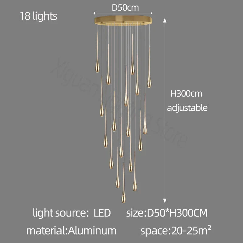 ثريا DecorBites™ الذهبية بإضاءة LED لغرفة المعيشة والسلالم في الفيلا الدوبلكس