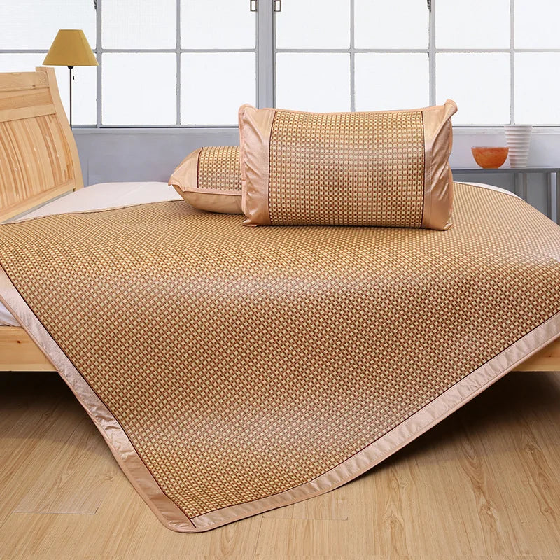 DecorBites™ Jacquard Cool Down Rattan Mat - Natural Rattan & Ice Rayon Bed Cooling Mat