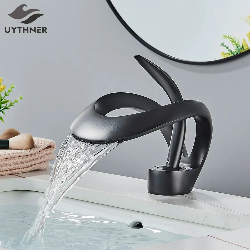DecorBites™ Black Brass Waterfall Basin Faucet, Single Handle Deck Mount Vanity Tap