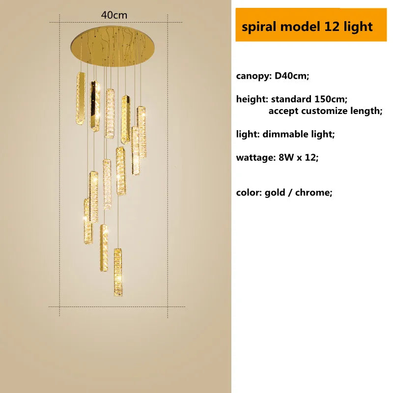 أضواء معلقة من الكريستال من الستيل المطلي بالكروم الذهبي من DecorBites™ مزودة بإضاءة LED قابلة للتعتيم لدرج الفيلا