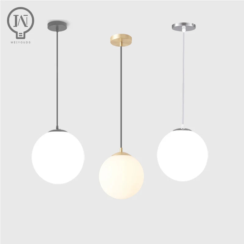Gold/Black/silv Glass Ball Pendant Lights White Globe Hanging Lamps Bar Restaurant Deco Luminaire Bedroom Light E27 Pendant Lamp