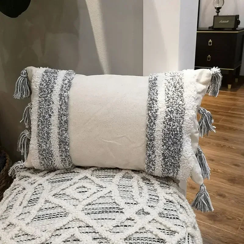 DecorBites™ Geometric Tufted Tassel Pillow Cover - Handcrafted Boho Chic Cushion Cover