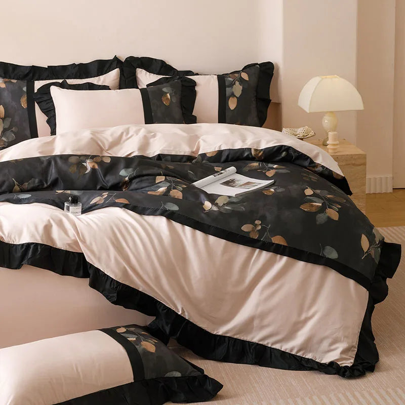 DecorBites™ French Retro Rayon Silk Bedding Set with Lace - Summer Cooling Comforter Cover