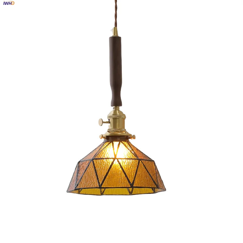 مصباح تعليق LED قابل للتعديل DecorBites™ من الزجاج الكهرماني والخشب الجوزي