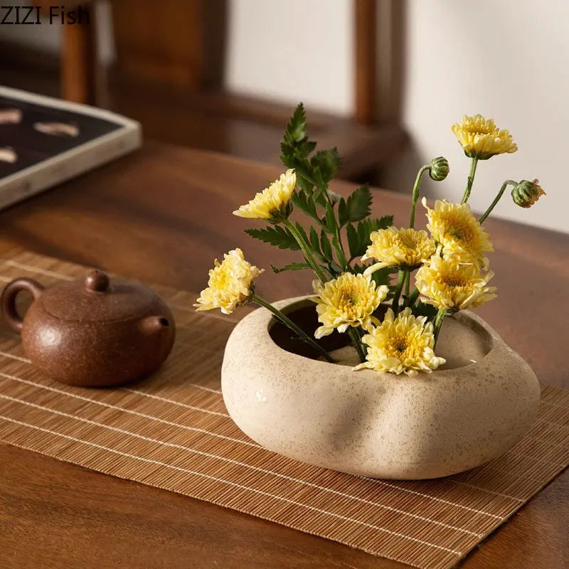 DecorBites™ مزهرية خزفية على شكل قرون اللوتس، وعاء زهور صناعية، ديكور مكتبي حديث