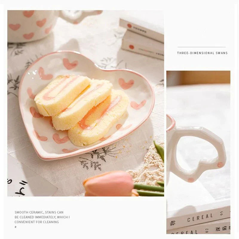 DecorBites™ 250ml Coffee Cup and Saucer Set with Heart Handle Hand-painted Pink Hearts