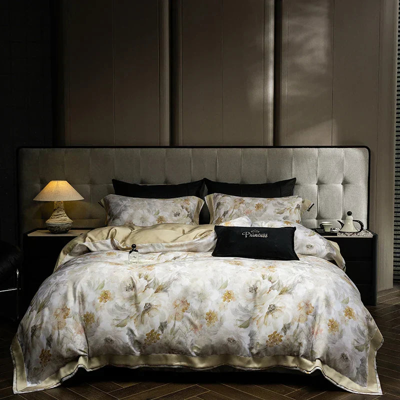 DecorBites™ Eucalyptus Fiber Floral Print Bedding Set: Duvet, Sheet, Pillowcases - 4Pcs