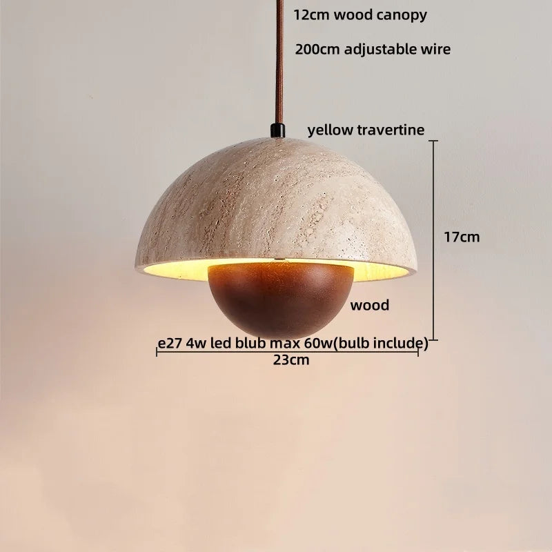 DecorBites™ LED Wood Canopy Pendant Lights Yellow Travertine Stone Hanging Lamp