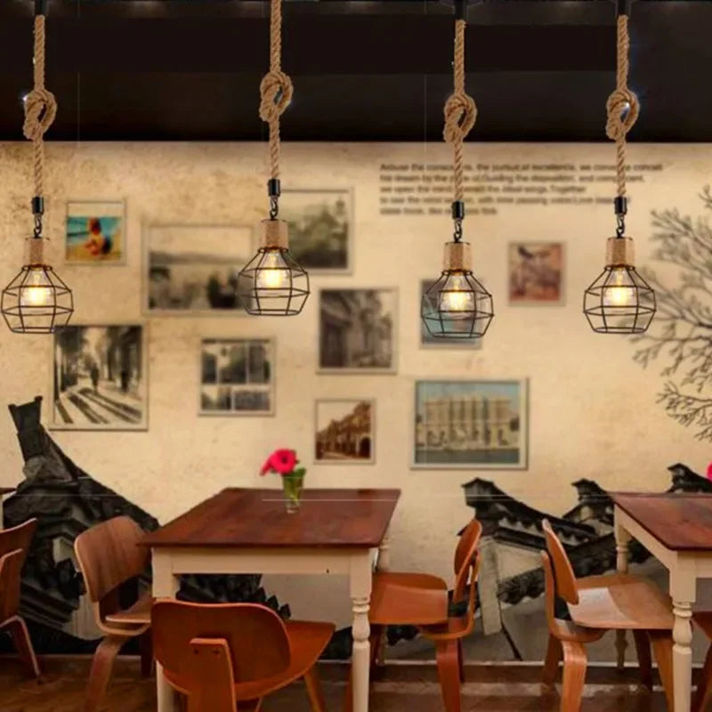Vintage Hemp Rope Iron Pendant Light in Black