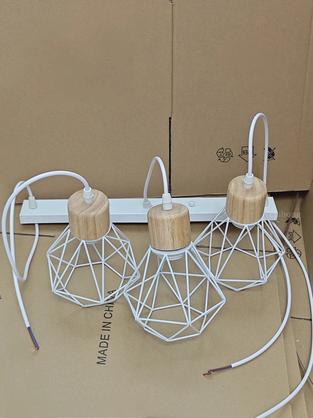Vintage Black Wood and Iron Cage Pendant Light