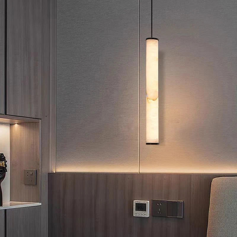 Cylindrical Marble Pendant Light in Black Brass