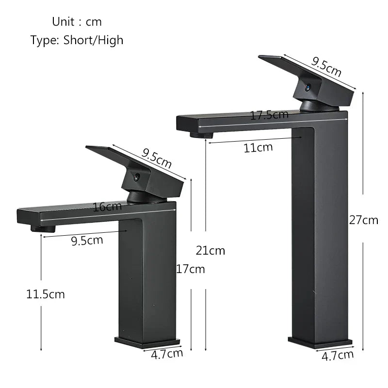 DecorBites™ Black Brass Square Basin Faucet: Bathroom Washbasin Mixer Tap, Single Handle Tall Model.