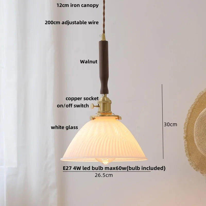 DecorBites™ Amber Glass LED Pendant Lamp with Walnut Wood Accent - Modern Nordic Hanging Light