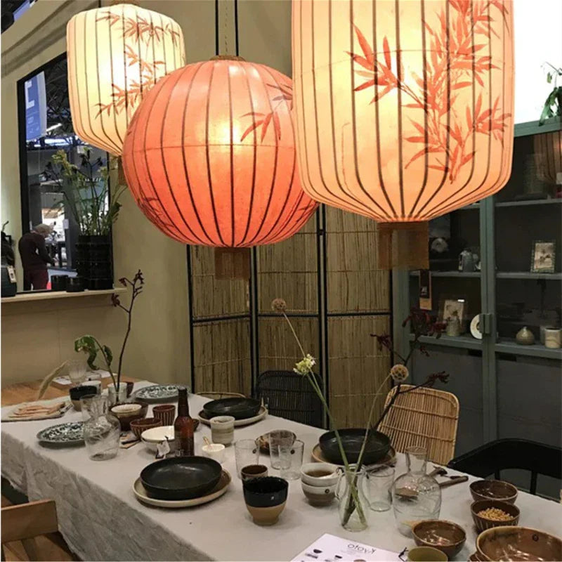 DecorBites™ Handmade Japanese Lantern Painting Pendant Lamp Fabric Chandelier