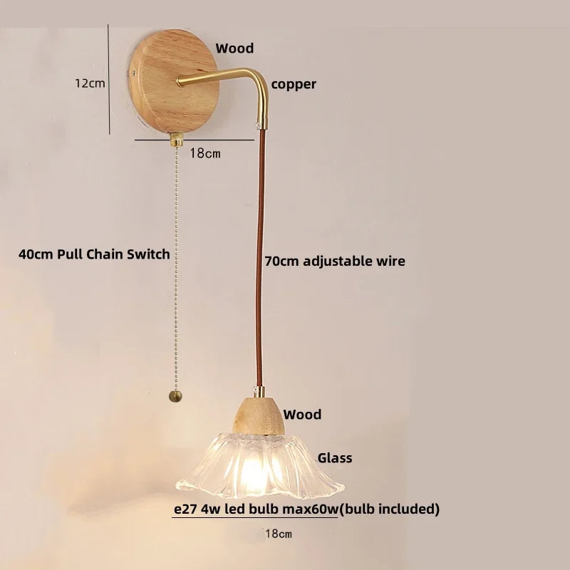 DecorBites™ Clear Glass LED Wall Lights with Wood Pull Chain Switch, Modern Art Bedside Lamp