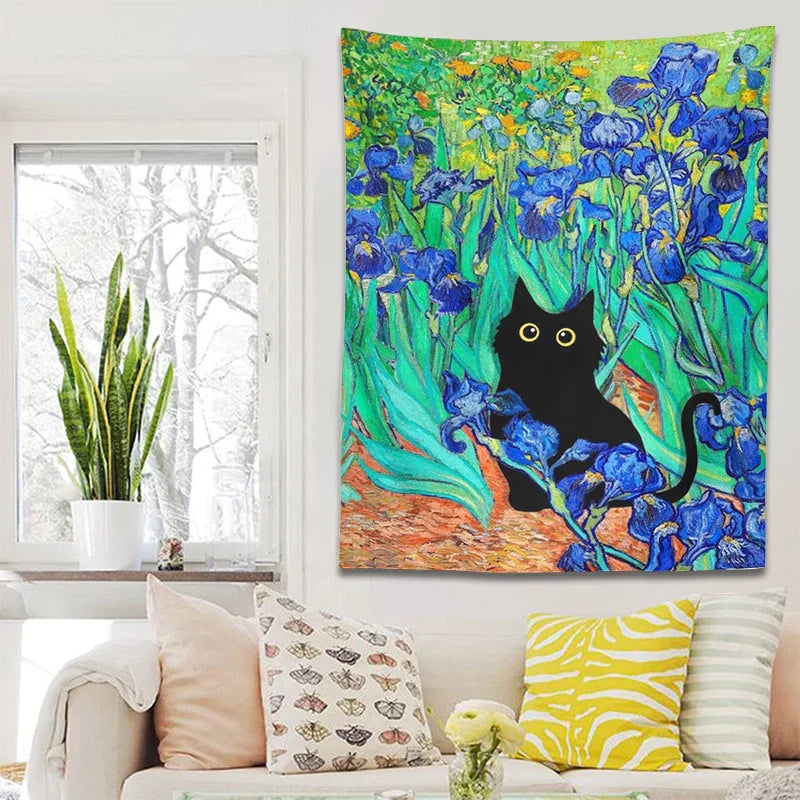 DecorBites™ Irises Cat Tapestry: Van Gogh Inspired Black Cat Art & Floral Print