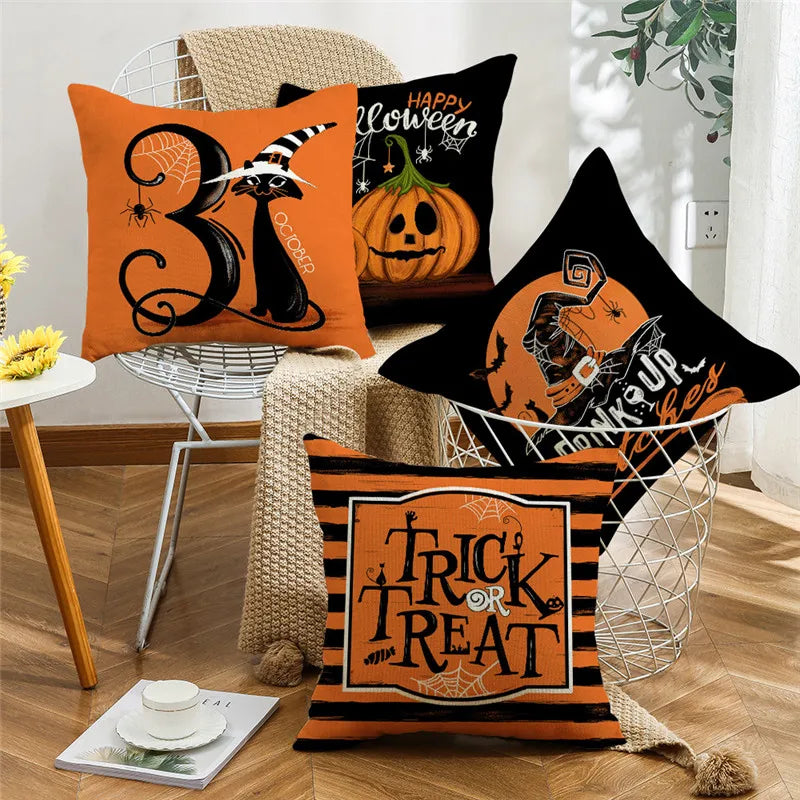طقم أغطية وسائد هالوين من DecorBites™ - أغطية وسائد أريكة احتفالية بطبعة قطة قرع وقبعة ساحرة.