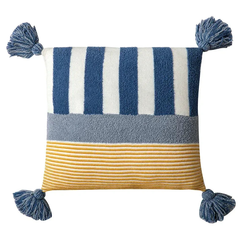 DecorBites™ Knit Stripe Pillow Cover Blue Pink Tassles 45x45cm Soft Living Room Bedroom
