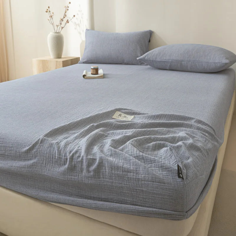 DecorBites™ Cotton Fitted Sheet: Wrinkled Yarn, Nordic Comfort, All Seasons Bed Cover