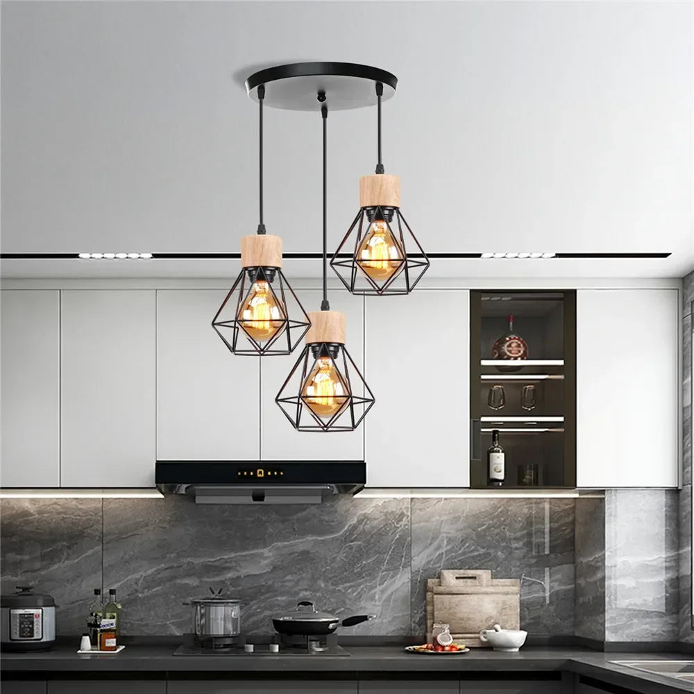 Vintage Black Wood and Iron Cage Pendant Light