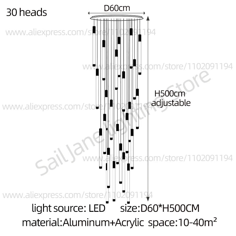 Modern Staircase Pendant Chandelier in Black or Gold