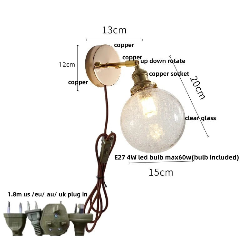 DecorBites™ Glass Rotate Copper Wall Sconce | Pull Chain Switch LED Light Fixture